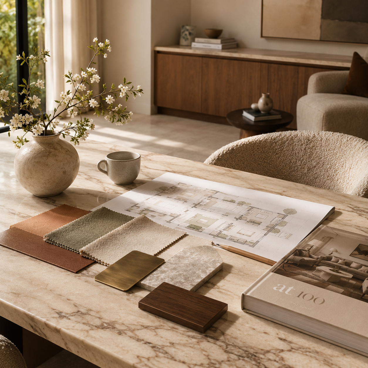 A marble table with interior design materials, fabric swatches, floor plans, a sample book and a vase of white blossoms in soft daylight