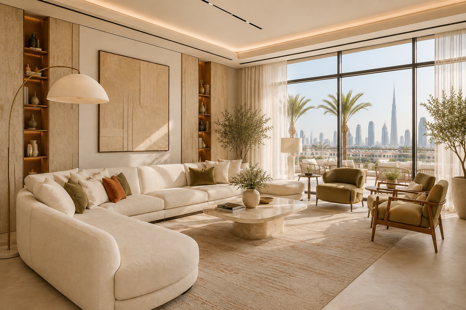 A sunlit Dubai living room with cream linen seating, olive accent chairs, travertine surfaces and floor-to-ceiling windows overlooking the city skyline