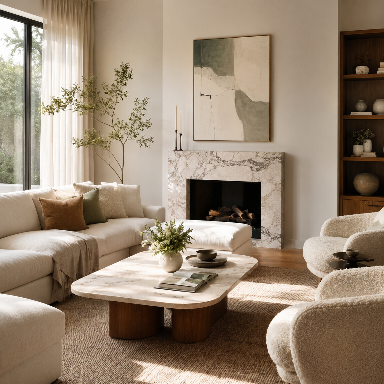 A calm residential interior with natural materials and soft daylight